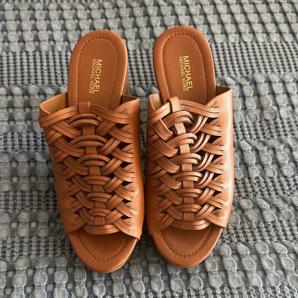 Michael Kors Tan Woven Platform Mules